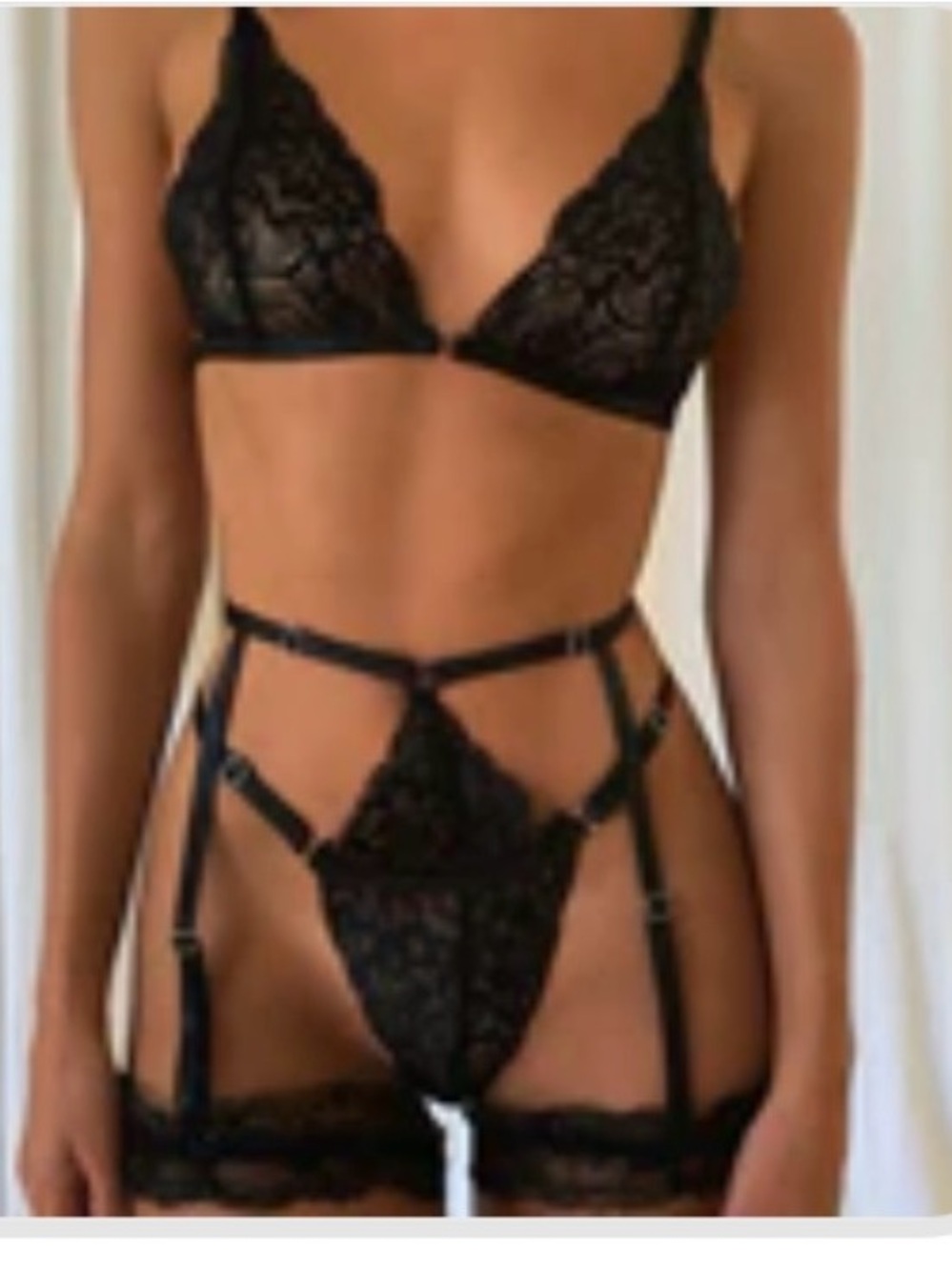 Tiger Mist Black Lace Strappy Bralette & Garter Thong Set